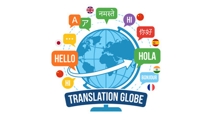Translation globe with multilingual speech bubbles and arrow. © Funkstripe