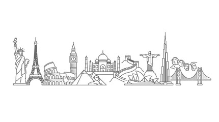 Fototapeta premium Global travel icons featuring world famous architectural landmarks and monuments.