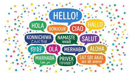 Greeting cloud with hello in different world languages. © flat