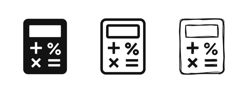 Calculator math icon set in solid, outline and hand-drawn styles