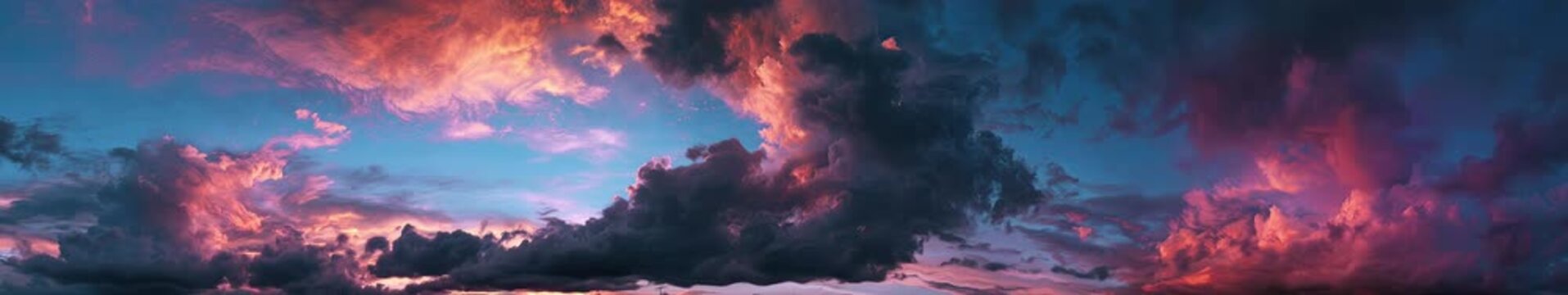 Dramatic Sunset Sky Panorama with Stormy Cumulonimbus Clouds in Vivid Orange, Pink, and Blue &mdash; Widescreen Cloudscape