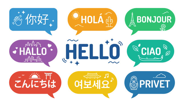 Multilingual hello speech bubbles representing diverse international greetings and languages.