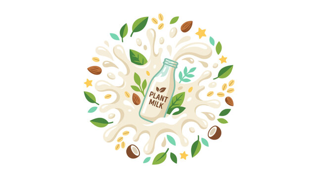 Plant milk bottle with circular splash of leaves and nuts.
