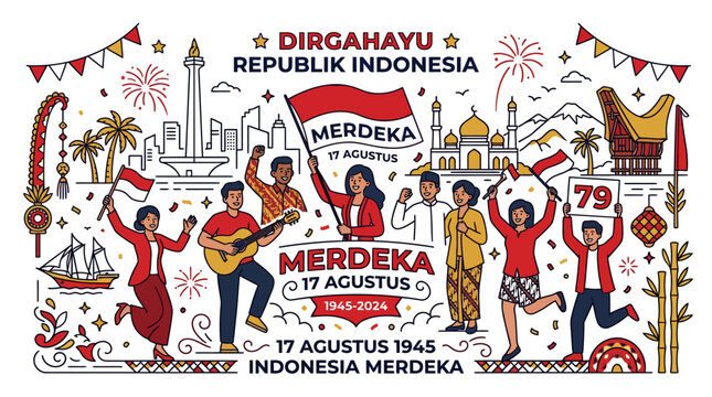 Indonesian Independence Day celebration with people and landmarks illustration.