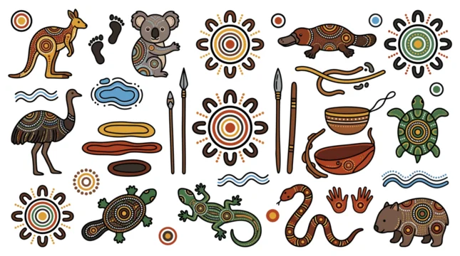 Traditional Australian Aboriginal art style animal and nature icons.