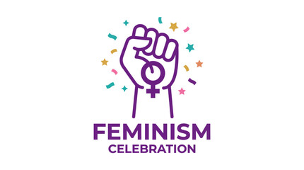 Feminism celebration logo with raised fist and venus symbol. © flat