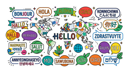 Multilingual world map illustration with colorful hello speech bubbles. © flat