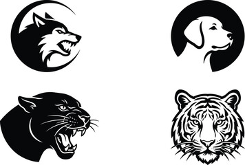 Obraz premium Stylized wolf, dog, panther, and tiger head vector illustrations in bold black and white design