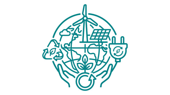 Green energy icon featuring windmill solar and earth symbols.