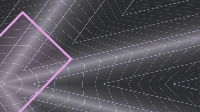Neon purple square rotating over digital grid tunnel