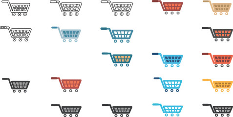 Yellow Shopping cart icon set with colorful retail grocery store trolley symbols in flat and outline stylesShopping cart icon set with colorful retail grocery store trolley symbols in flat and outline © Snowar