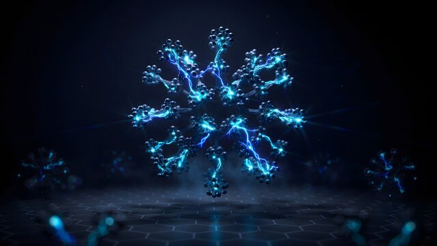 Abstract Digital Snowflake with Glowing Blue Branches and Particles in Dark Background