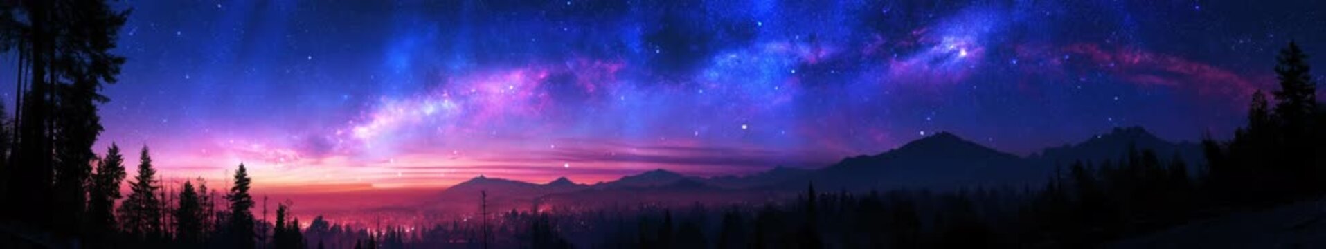 Milky Way Panorama Over Mountain Silhouette and Forest with Vibrant Purple and Pink Night Sky &mdash; Widescreen Starscape Loop
