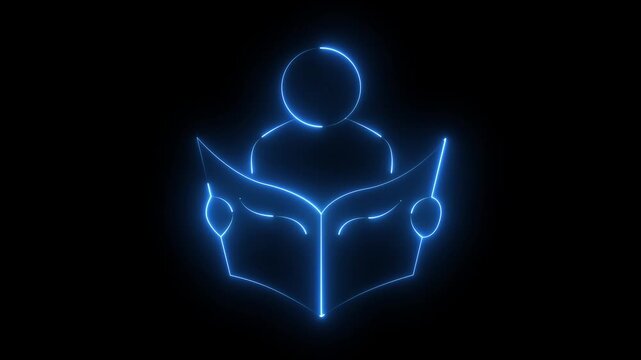 Neon blue glowing icon of a person reading a book