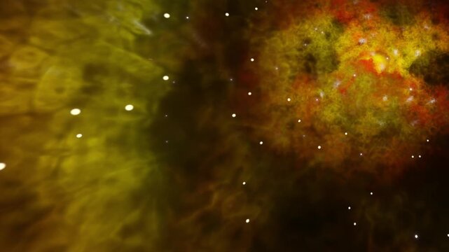 Glowing cosmic dust particles float past a fiery yellow and orange celestial nebula cloud structure in a cinematic 3D animation loop