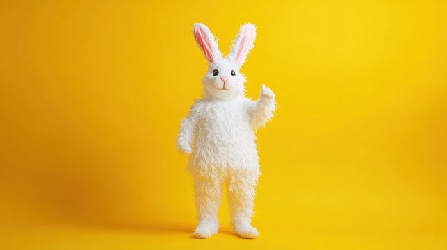 White easter bunny costume giving a thumbs up against a bright yellow studio background for holiday celebration