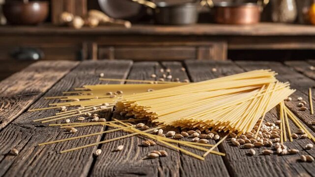 Spaghetti pasta and grains on a rustic wooden table in a traditional kitchen setting