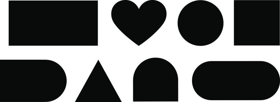A professional minimalist vector icon set featuring basic geometric shapes heart circle triangle and decorative frame layout stencils