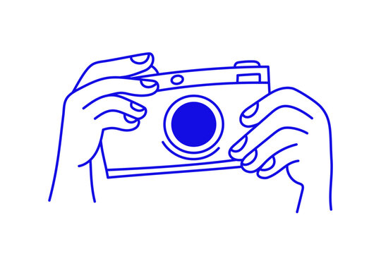 Vector simple linear illustration, hands and gestures, hand drawn illustration, poster, logo, print design template, hands holding camera, photography concept