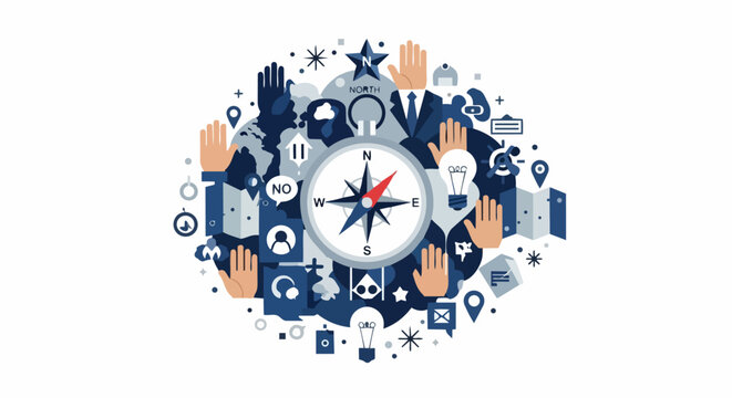 Business Leadership and Strategic Direction Concept Illustration with Compass and Corporate Icons