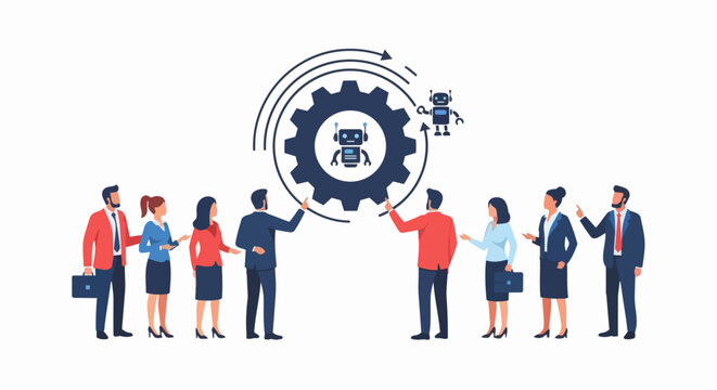 Business Team Integrating Artificial Intelligence and Robotic Process Automation Concept with Large Cogwheel and Robots