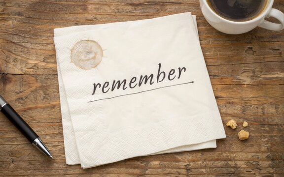 White paper napkin with remember text and coffee stain on wooden table