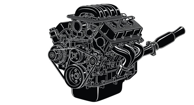 Internal combustion engine illustration detailed mechanical design black and white silhouette