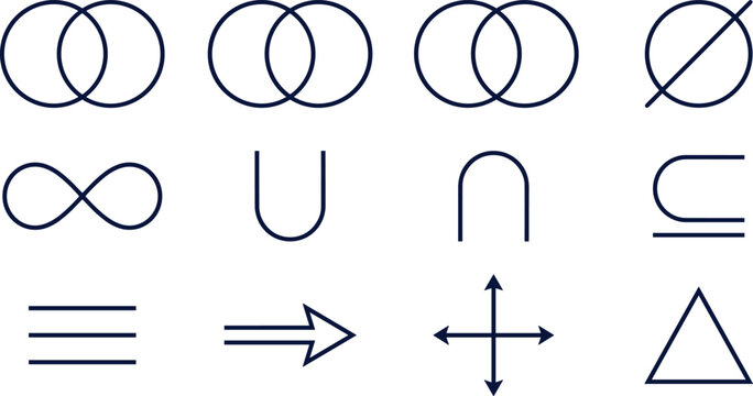 Mathematics set theory and logic line icon set featuring venn diagrams union intersection infinity empty set algebra symbols vector