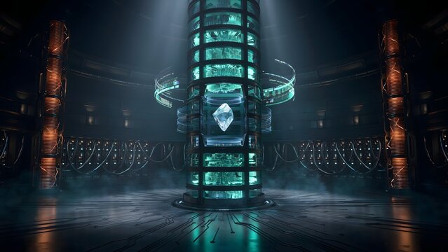 Futuristic sci-fi laboratory with glowing cylinder and floating crystal centerpiece
