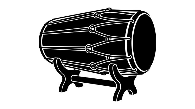 Vector black and white illustration of a traditional Indonesian kendang or ethnic barrel drum sitting on a wooden stand, highlighting percussion, cultural music, and folk heritage.