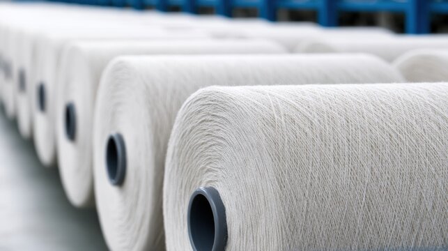 Industrial yarn bobbins on spools in textile factory