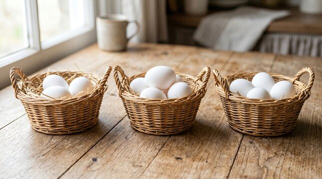 Three Wicker Baskets Holding Many White Eggs on Wooden Kitchen Table, Diversification Idiom