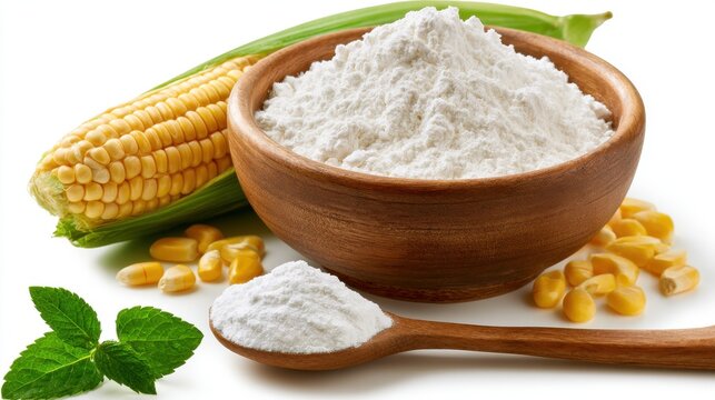 Cornstarch in a wooden bowl and on a spoon isolated on white background