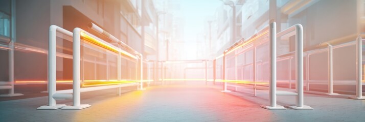 Obraz premium A modern setting displays glowing safety barriers with a focus on healthcare awareness and cleanliness in a residential space promoting safety.