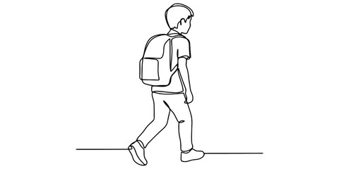 Obraz premium Continuous line drawing of a school boy walking with backpack
