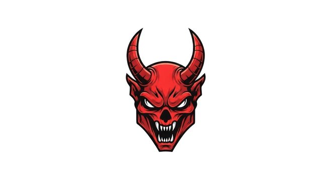 Red devil head with horns and sharp teeth.