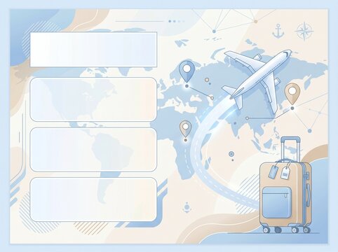 Travel Itinerary Template: A visually appealing graphic design template for planning travel adventures, featuring a world map, airplane, suitcase, and placeholder text boxes for itinerary details.