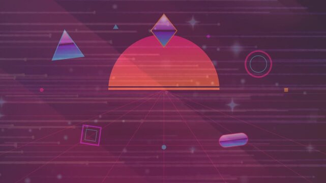 Retro synthwave background with geometric shapes and glowing grid lines
