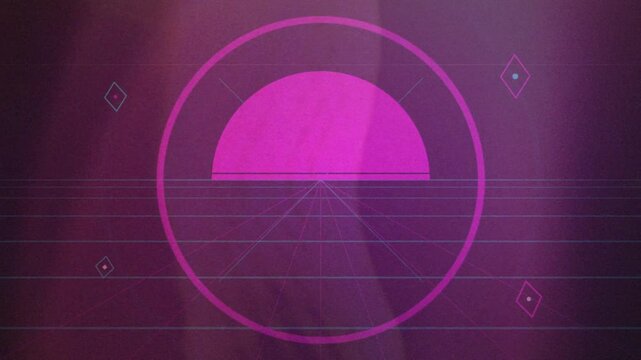 Retro 80s synthwave style motion background with glowing pink sun