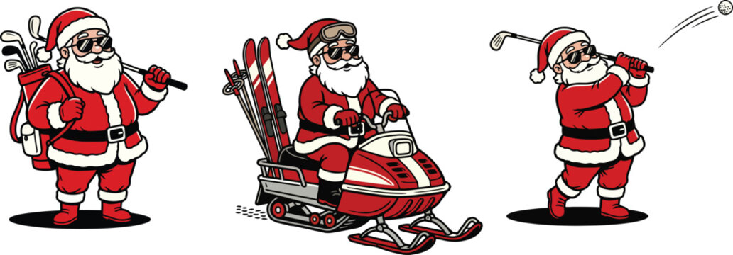 Santa claus enjoying winter sports and golf on a with skis and snowmobile