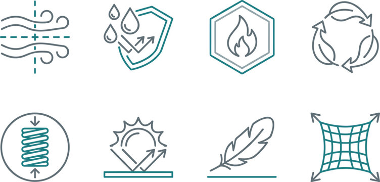 Fabric and mattress properties line icon set featuring breathable waterproof fire resistant eco friendly lightweight stretchable material features vector
