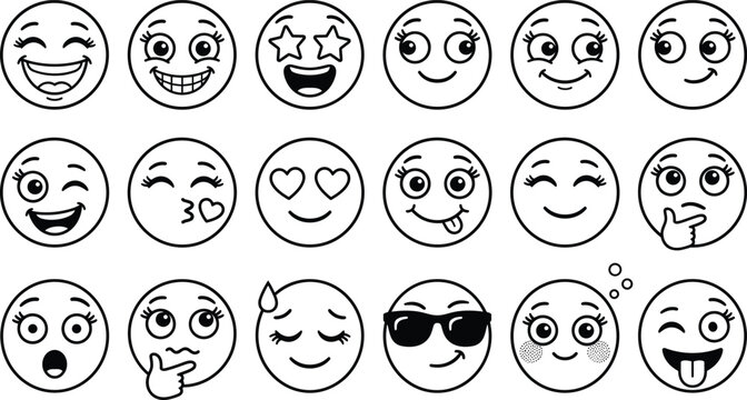 Cute female emoji character face line icon set featuring happy smiling winking loving thinking and funny expressions vector