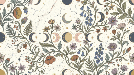 Magic astrology vector background with hand drawn wildflower bouquets and crescent moon phases © Akhi Ayra