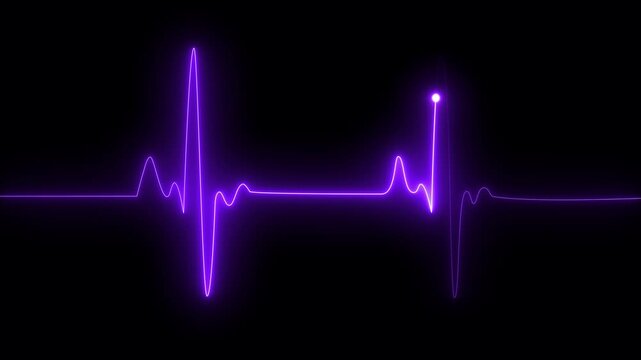 A medical ecg heartbeat monitor displaying a vibrant purple waveform on a dark background. Neon purple heartbeat line showing a medical pulse rhythm, representing vital life signs and health.
