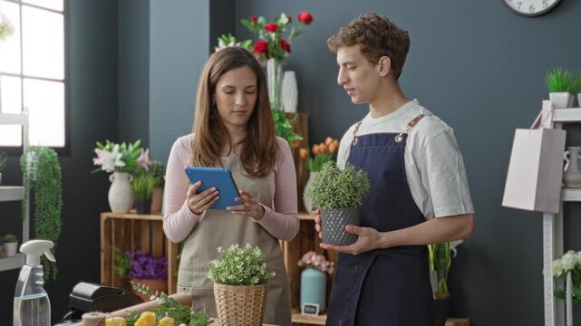 Woman florist holding tablet while man in apron holds potted plant and smiles at colleague in floral studio; cooperation teamwork.
