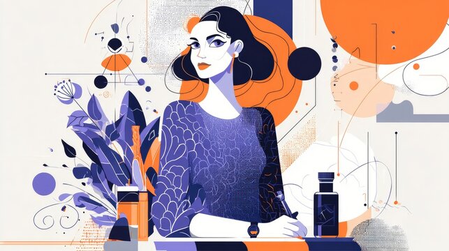Woman in stylish illustration with abstract shapes and floral accents