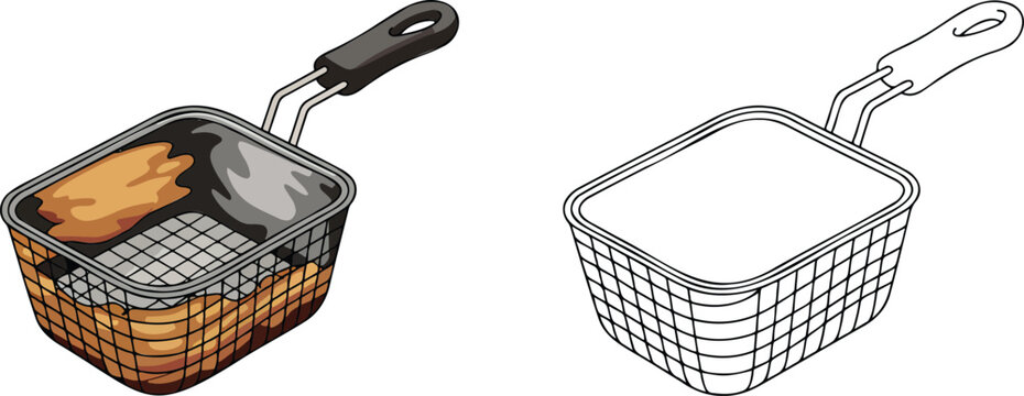Fryer basket illustration & outline set isolated on transparent background 