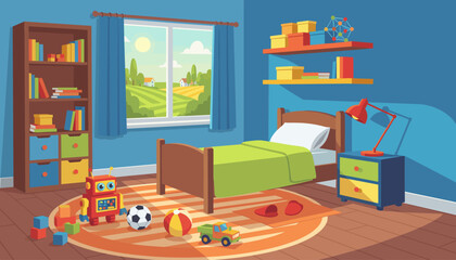 Kid bedroom interior design with toys and bookshelf illustration, children © MSTRUNA