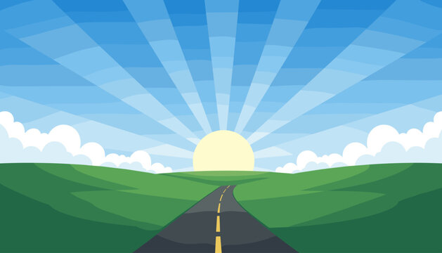 Road leading to sunrise over green hills background illustration with landscape