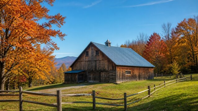 Rustic barn surrounded by autumn foliage under clear blue sky